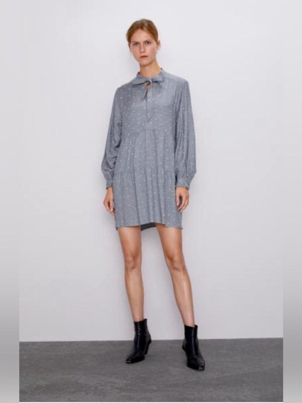 NWT Zara Gray Swiss Dot Tie Neck Tiered Midi Dress Size L